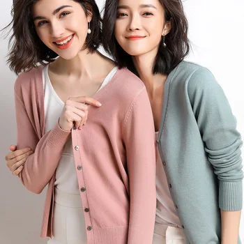 Cardigans Women 2025 Autumn Single Breasted V-neck Knitted Sweater Fashion Short Knitwear Solid Blue Green Pink Women's Jumpers 1