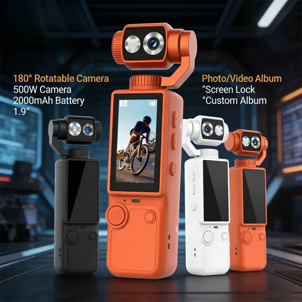 Caméra 1080p/4K montée sur gimbal, avec carte mémoire 32GB insérée.