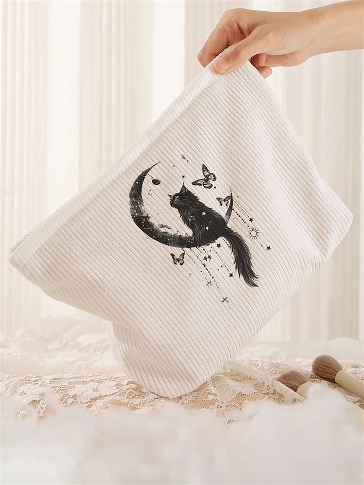 1 black cat pattern printed corduroy makeup bag, lightweight zipper makeup storage box, multifunctional bag with lining