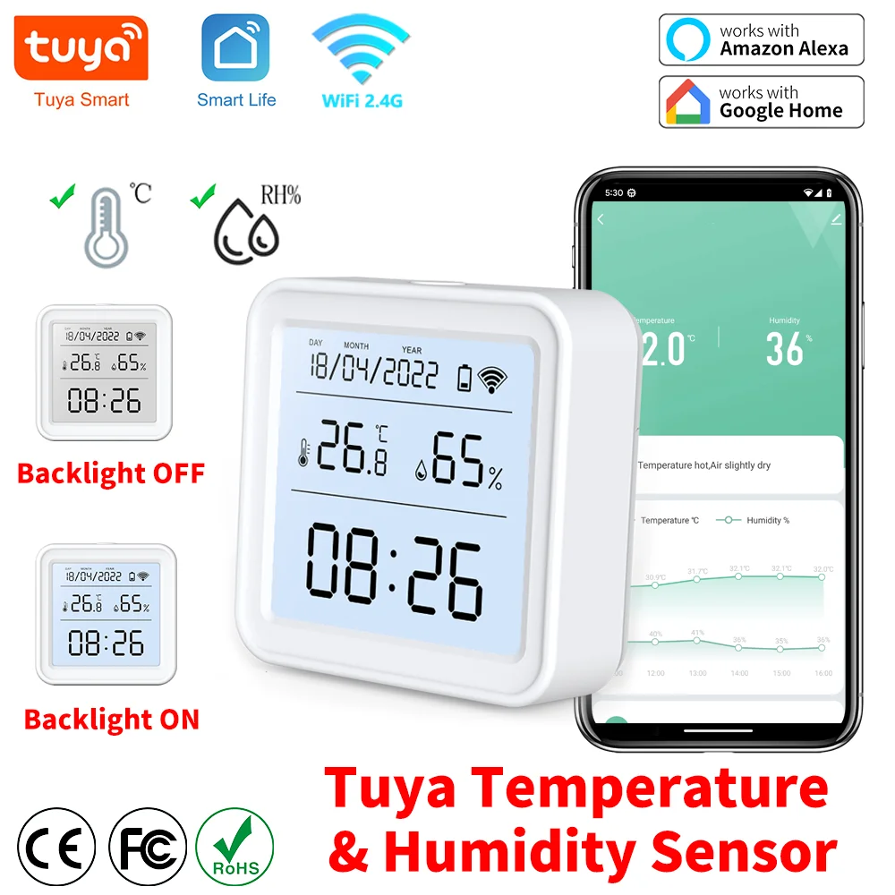 Tuya WIFI Temperature Humidity Sensor Hygrometer Thermometer Smart Home Backlight Smart Life Support Alexa Google Assistant