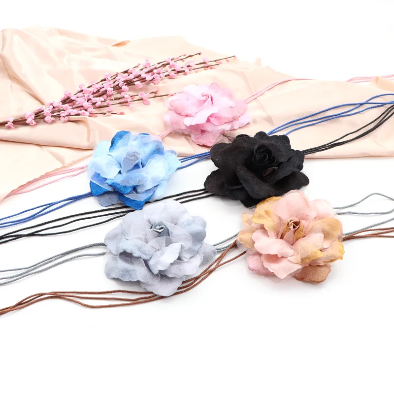 2024 Casual Wild Chiffon Big Flower Lady Thin Belt Sweet Tassel Braid Decoration Elegant Handmade Flower Fine Women Dress Belt