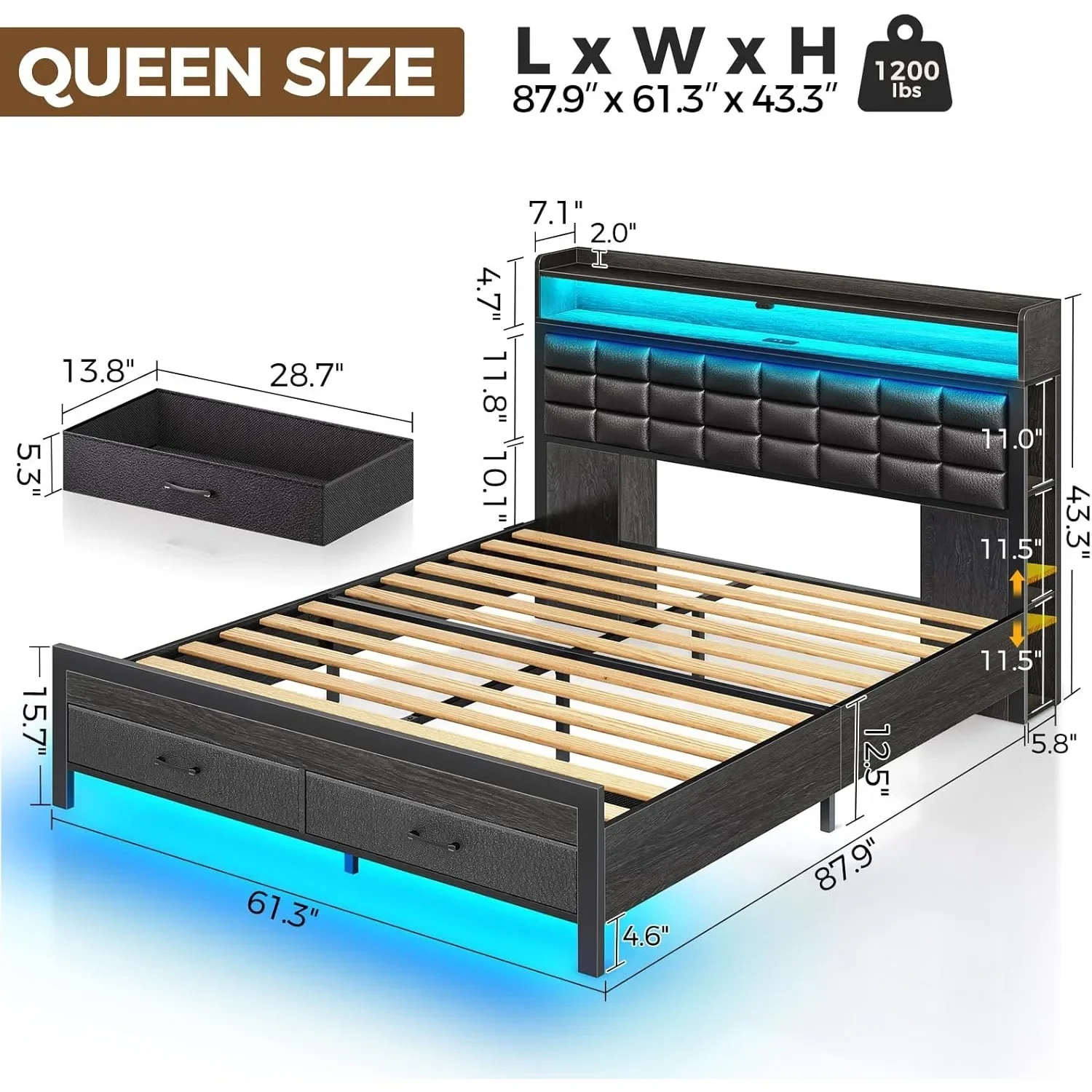 Bed Frame with Storage Headboard and 2 Drawers, Upholstered Platform Bed with Charging Station and LED Light, Noise Free 4