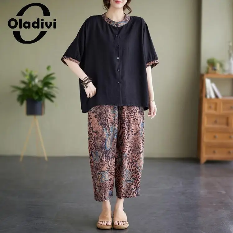 

Oladivi Fashion Printed Women Casual Loose Two Pieces Sets 2023 Summer New Oversized Shirt Pants Ladies Big Top Bottoms 3XL 1860