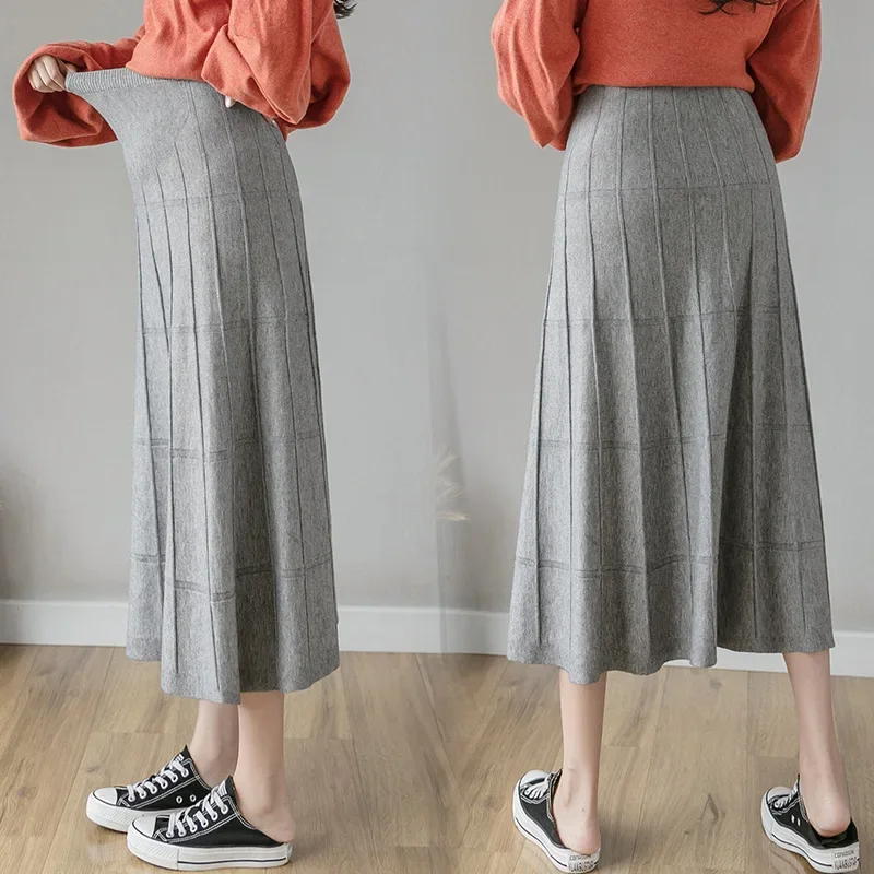 Maternity Skirt Autumn Winter Plaid A- Line Maxi Skirt Belly Support High Waist Base Layer Long Outerwear Spring Summer