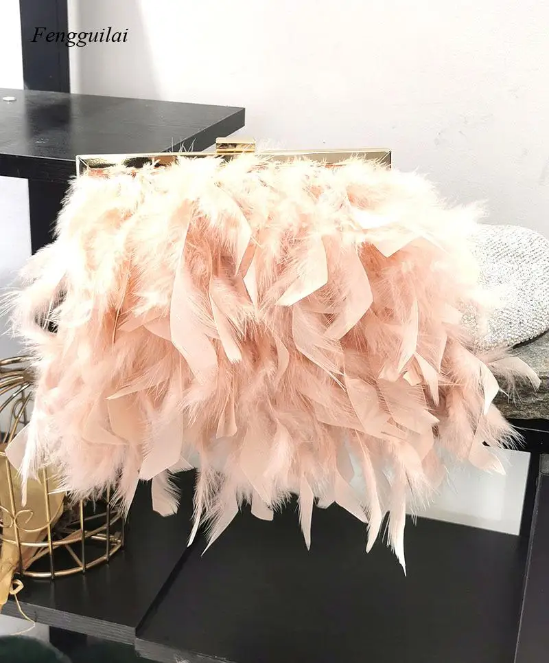 Autumn Winter Luxury Real Ostrich Feather Handbag Women Evening Bags Purse Pink White Dinner Party Clutches Ladies Messenger Bag