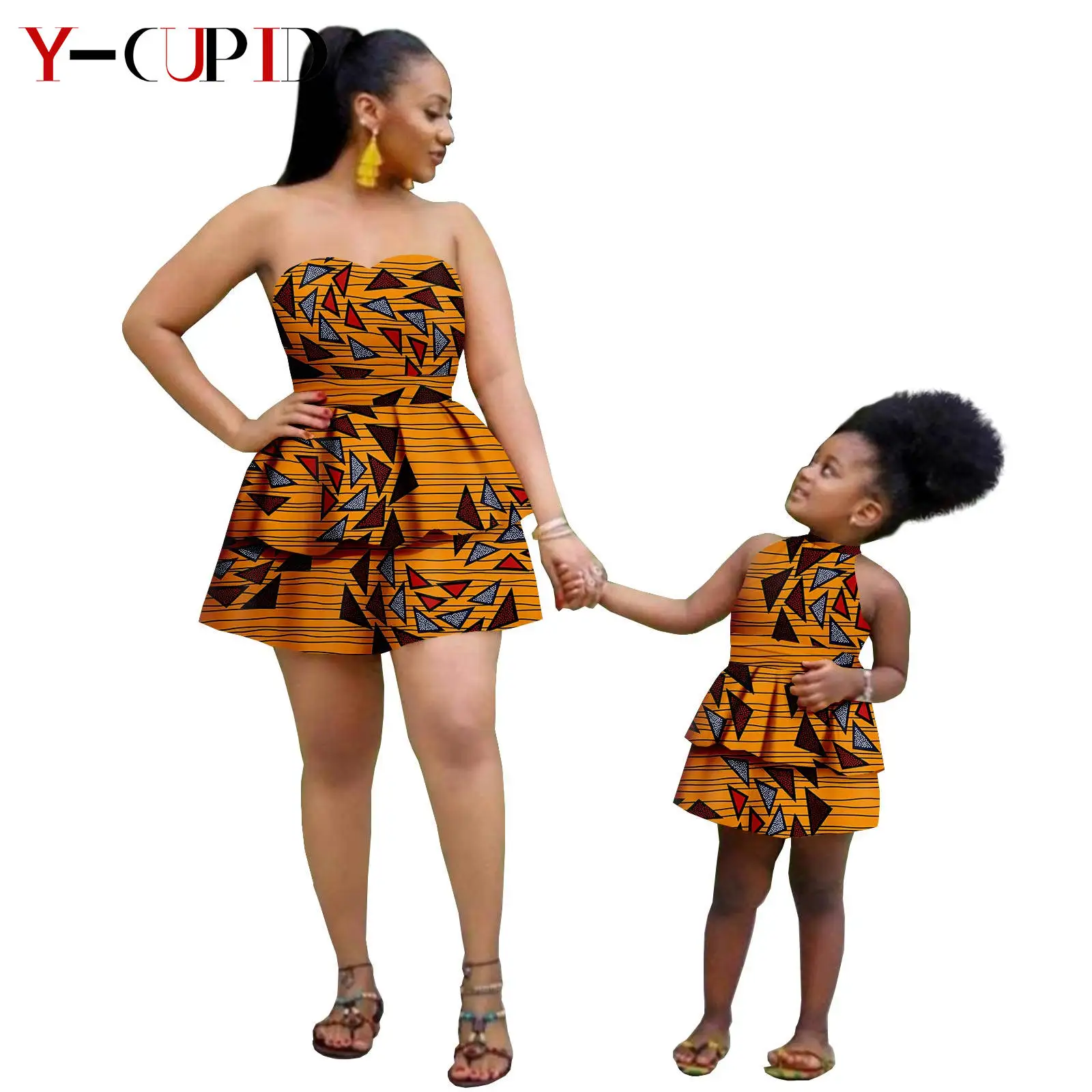 

African Print Dresses for Women and Girls Dashiki Summer Cotton Ankara Dresses Mother Outfits Matching Daughter Clothes 24F011