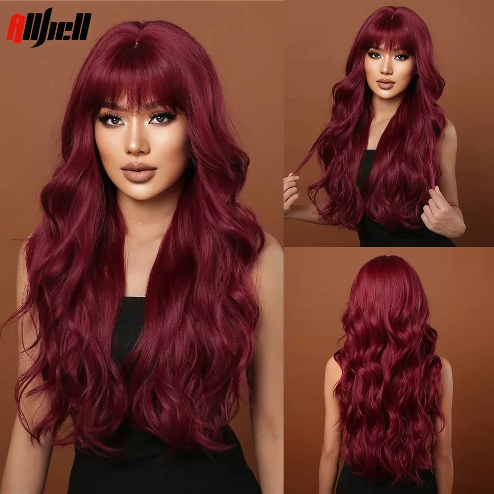 Long Wavy Wine Red Synthetic Wigs Natural Wave Afro Wigs With Bangs for Black Women Cosplay Costume Wig Heat Resistant Fiber
