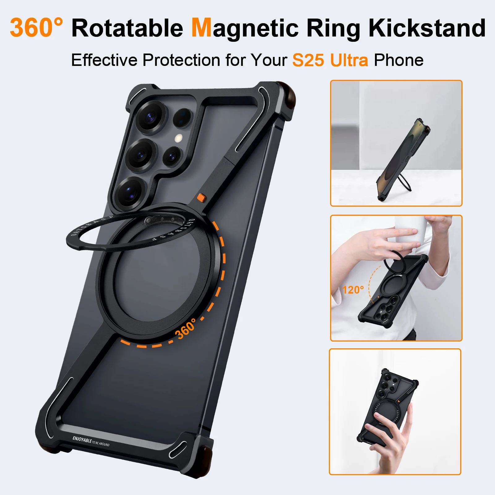 Eary Z Shape for Samsung Galaxy S25 S24 Ultra Phone Case with Magsafe Frameless Metal Magnetic Ring Stand 360°Rotating Cover