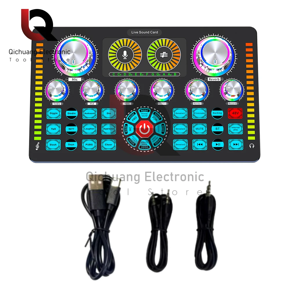 1PC Q7 가라오케 팟 캐스트 홈 스튜디오 기록 방송 마이크 믹서를 위한 최신 전문 휴대용 블루투스 사운드 카드
