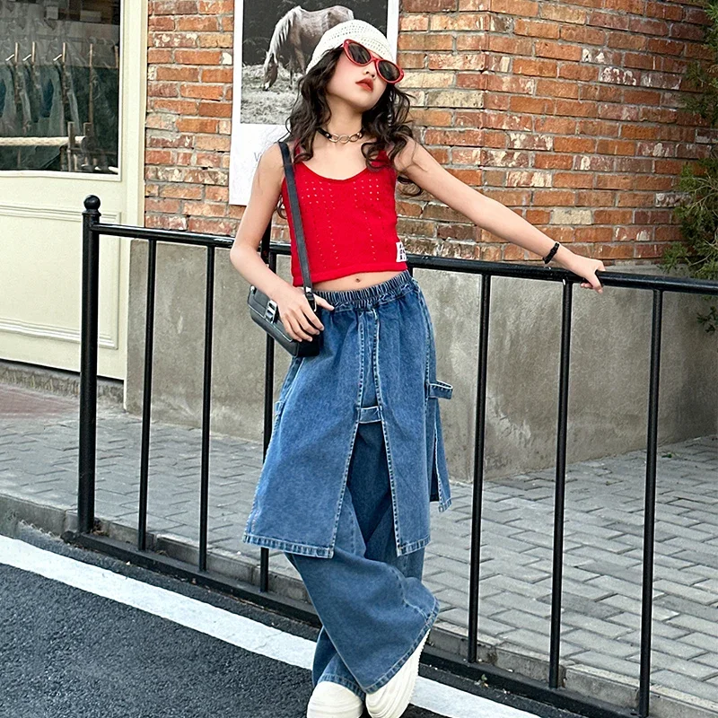 여아용 루즈 블루 팬츠 얇은 데님 바지 여름 패션 여아용 팬츠 키즈 패치워크 청바지 독특한 힙 커튼 스트리트웨어