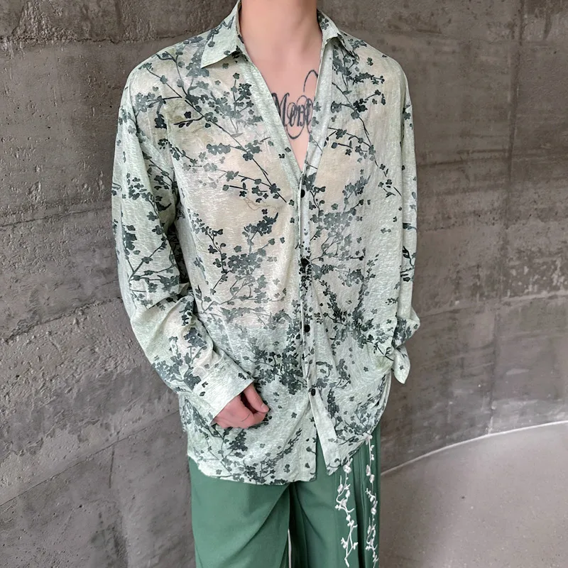 

SYUHGFA New Chinese Style Flocking Flowers Men's Wear Shirt Long Sleeve V-neck Male Top 2024 Spring Summer Temperament Shirts