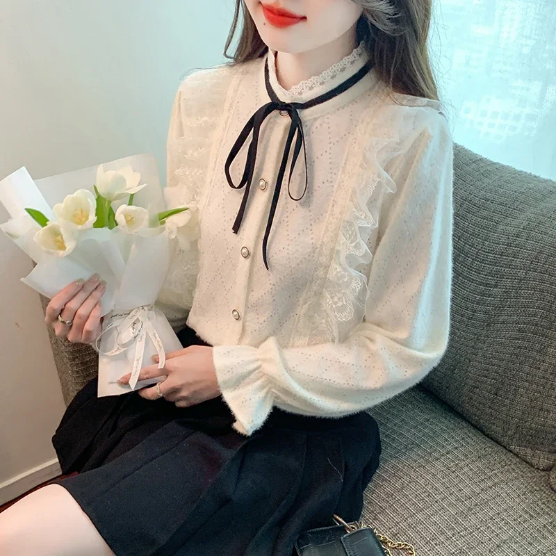 Autumn New Arrival Women Shirts Color Collision Lace Ruffled Collar Flare Sleeve Office Lady Blouses Female Casual Verstile Tops