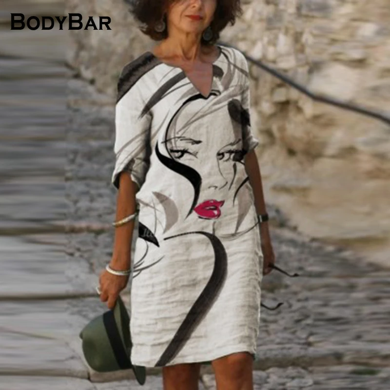 

Female Sexy V-Neck Dresses Summer Elegant Long Sleeve Maxi Party Dress Vintage A Line Robe Spring Sexy Face Abstract Print Dress