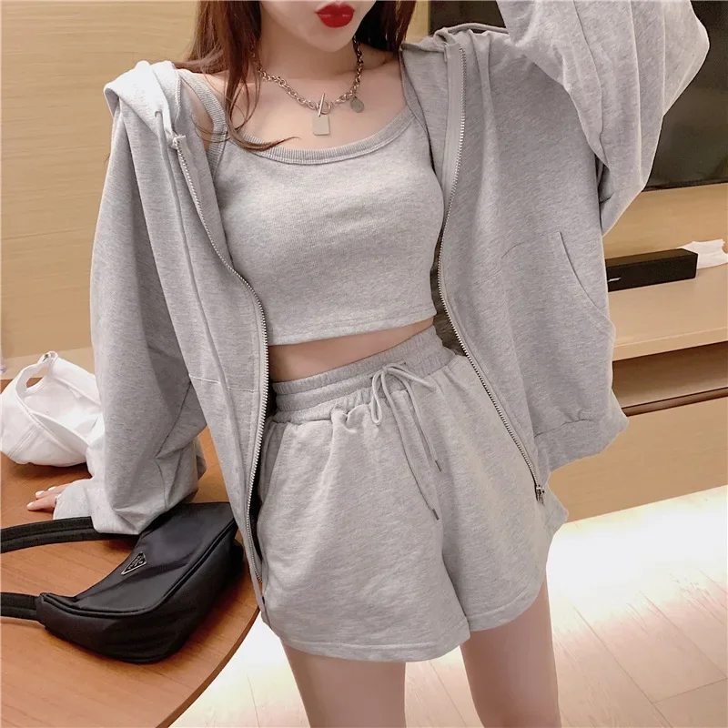 

women's summer 3 pcs pajama set solid hooded korea style ladies sleepwear long sleeve loose Loungewear homewear for female