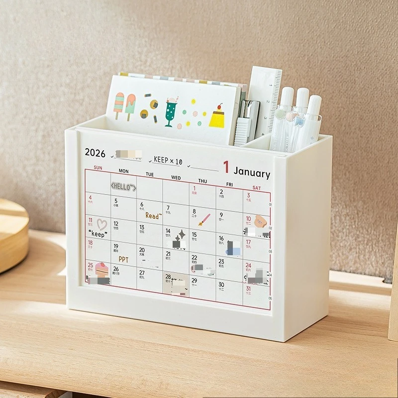 2025 & 2026 Productivity Calendar Stand Multifunctional Desk Organizer with Storage Box Cute Pen Holder for Home Office Decor