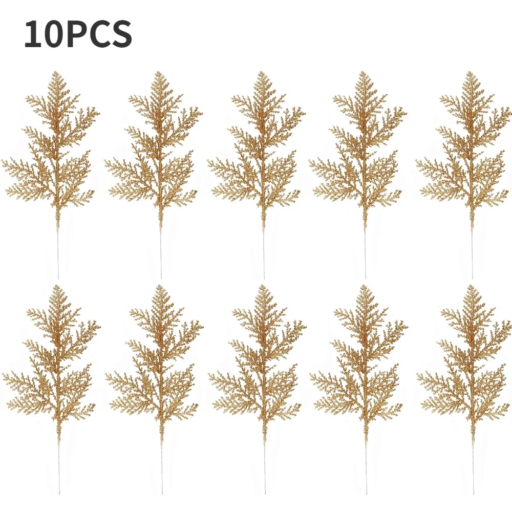 thumbnail image 1 of 10/5 piezas de plantas artificiales, ramas de pino, hojas doradas con purpurina navideña, decoración para árbol de Navidad, colgante para decoración del hogar, 1 of 5