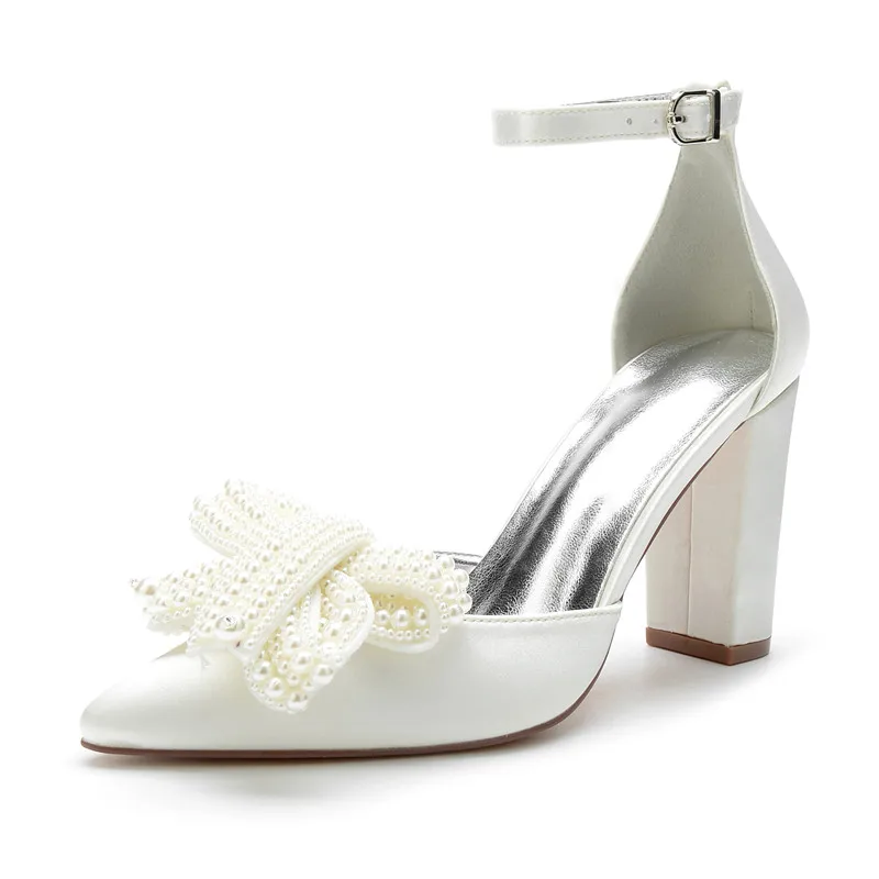 High Block Heel Wedding Shoes for Bride Pointed Toe Formal Evening