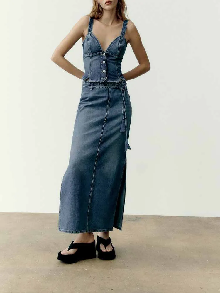 

Summer new women's fashion casual tie temperament American retro all-match high waist slit denim skirt skirt