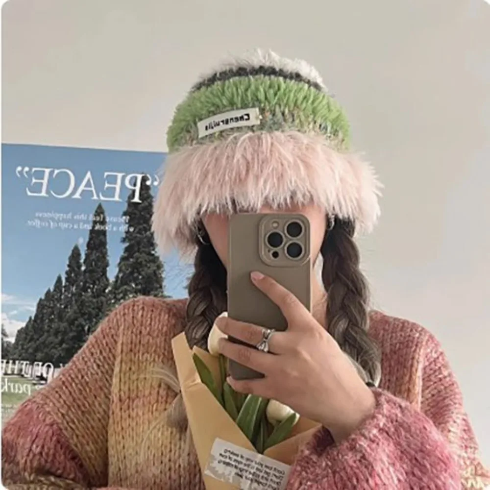

New Contrasting Color Plush Women's Caps Autumn and Winter Travel Fashion Korean Niche Imitation Mink Casual Warm Bucket Hats