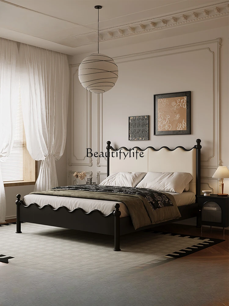 

French Retro Bed Solid Wood Leather Double Bed Ash Master Bedroom Marriage Bed