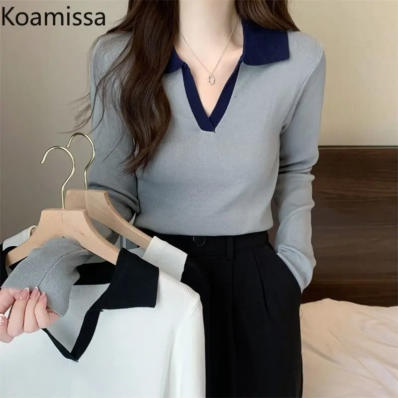 

Koamissa Polo Knitted T-shirt for Women Long Sleeve Thin Spring Autumn Pullovvers Fashion Slim Patchwork Tshirt Lady Outwear Top