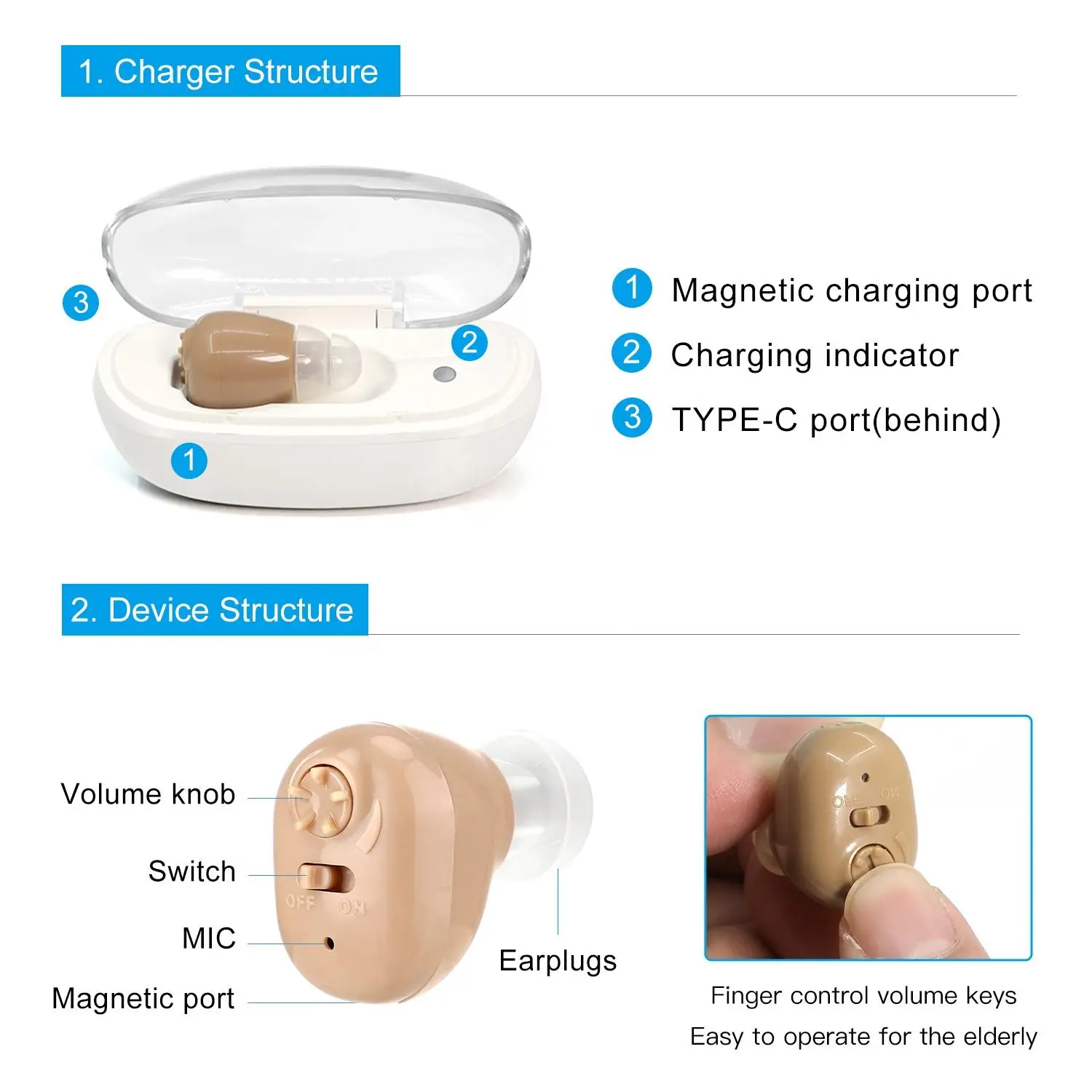 Elderly Hearing Aid Rechargeable ITE Deaf The Listening Device Mini Wireless Sound Amplifier Invisible Hearing Aids Headphones