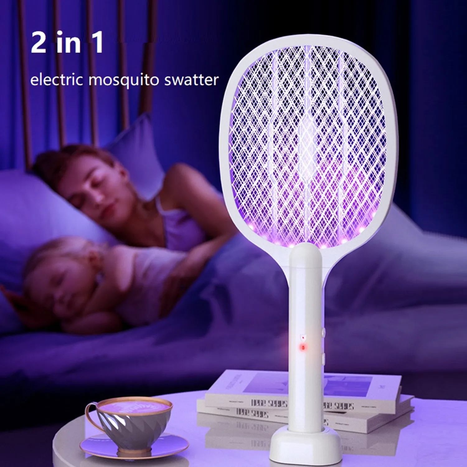 

2 IN 1 Electric Mosquito Swatter Racket with 3 Layers of Safety Net Rechargeable Bug Zapper Fly Killer Lamp with 8pcs Lights