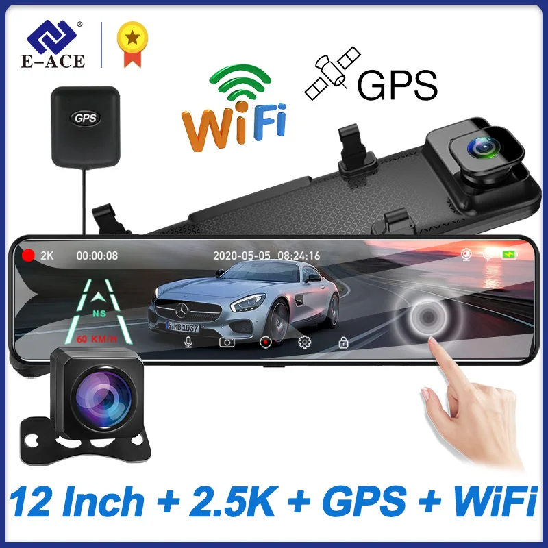 12" Car DVR 2K Dash Cam WIFI GPS Rear View Mirror 1080P Car Camera