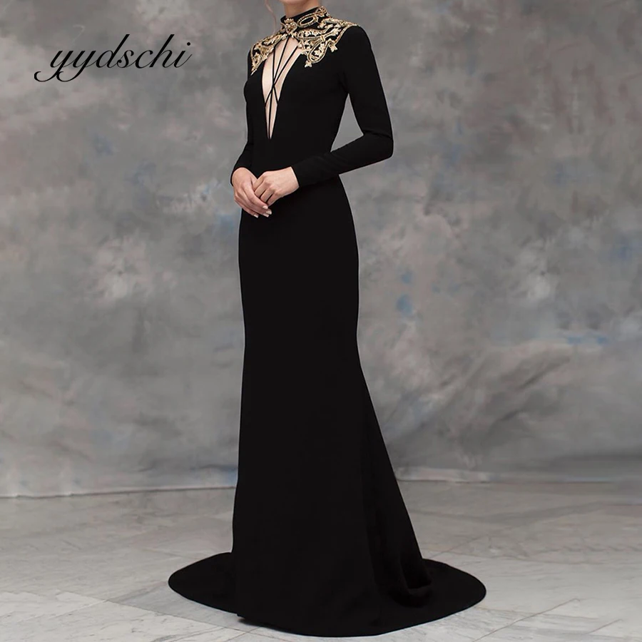 

Gold Applique High Neck Prom Dress Long Sleeve Floor Length Party Sexy Backless Suede Elegant Evening Dresses for Women 2023