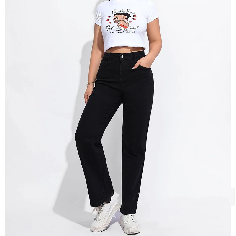 

Women Jeans 2023 Autumn/Winter New Elastic Large Size Casual trousers High Waist Black Women's Loose Straight Leg denim pants