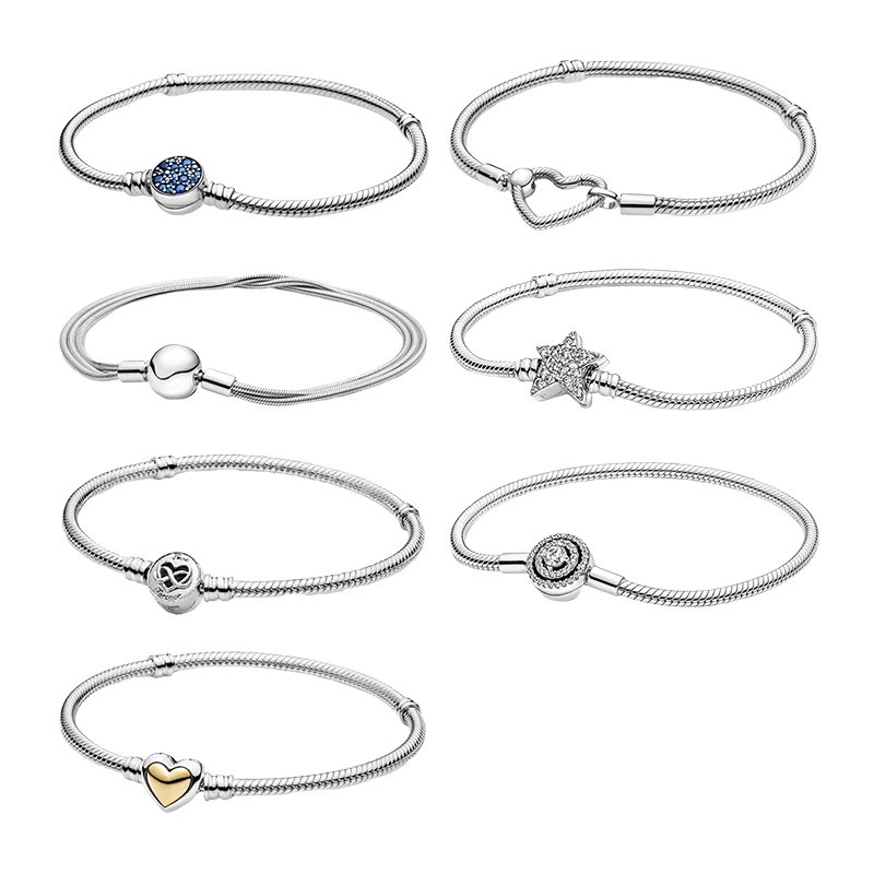 

Silver 925 Original Wrist Charm Bracelets For Women Fine Jewelry Snake Chain Blue Disc Ball Infinity Love Hearts Star Halo Clasp
