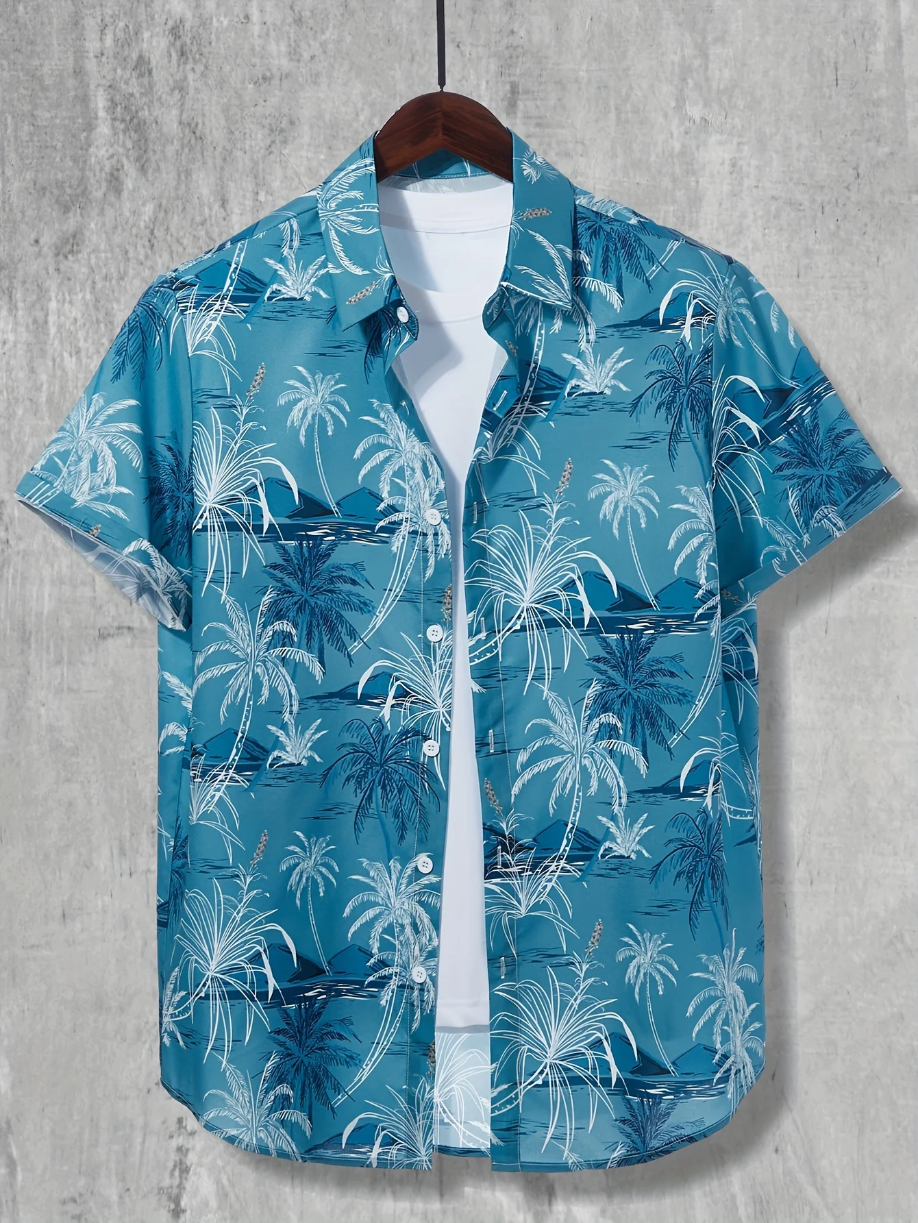 thumbnail image 1 of Camisa hawaiana con estampado de palmeras de coco, camisa informal de manga corta con botones para hombre para vacaciones en la playa en verano, ropa de gran tamaño, 1 of 5
