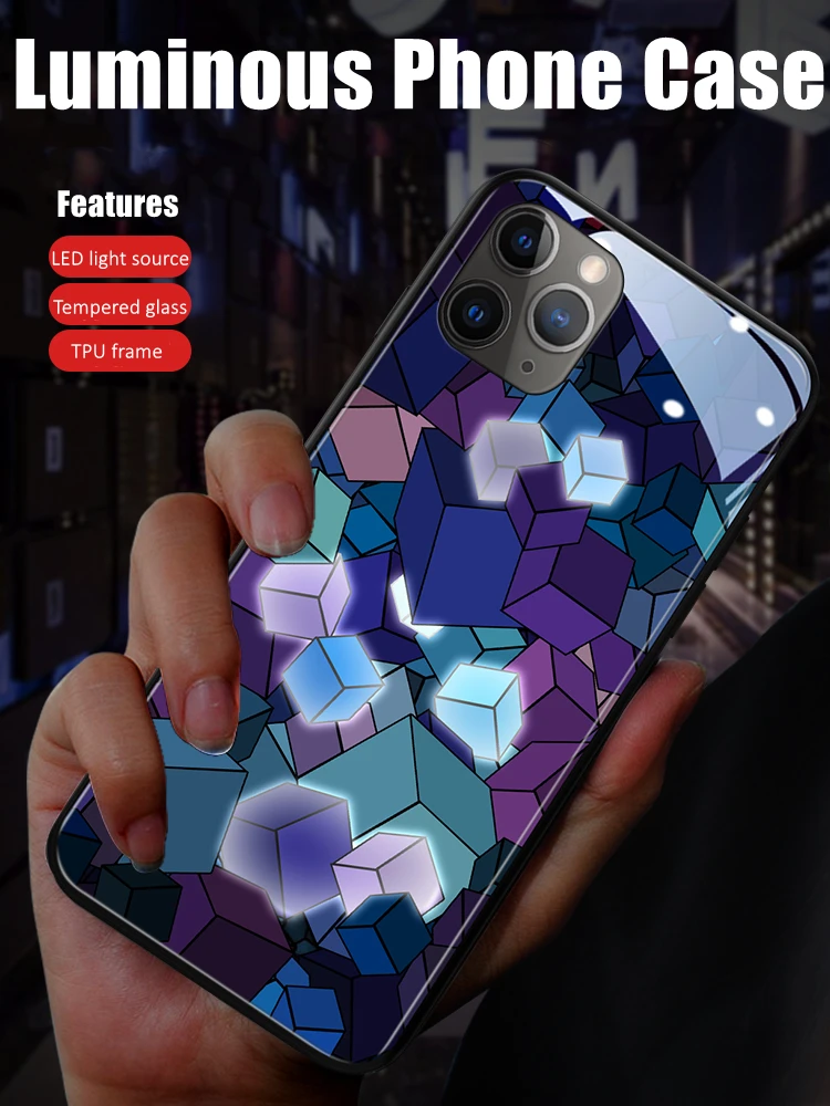 

Cube Pattern Colorful LED Light Glow Luminous Tempered Glass Phone Case for Xiaomi 11 12 13 Mix 2 3 4 Redmi K60 Pro Lite Ultra