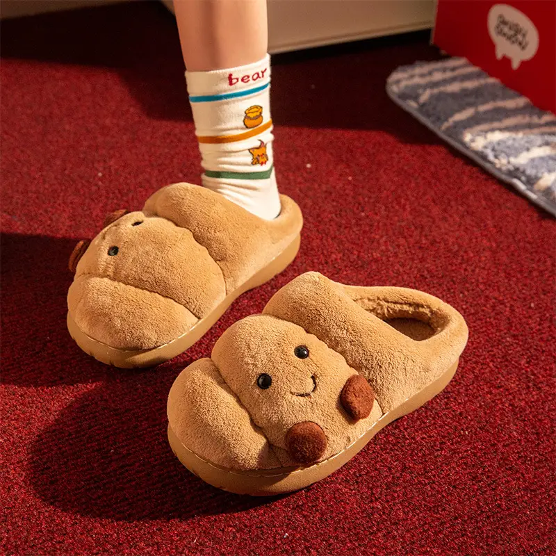 Cute Cartoon Fluffy Slippers For Women Men Winter House Shoes Furry Croissant Bread Style Anti-slip Couples Home Cotton Slides - Image 2