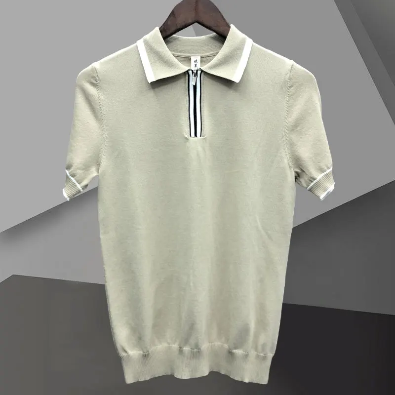 

Casual Slim Lapel Polo Men's Shirt Summer Zipper Knit Lapel T-shirt Polo Camisa Hombre British Contrasting Stripes Mannen Polo