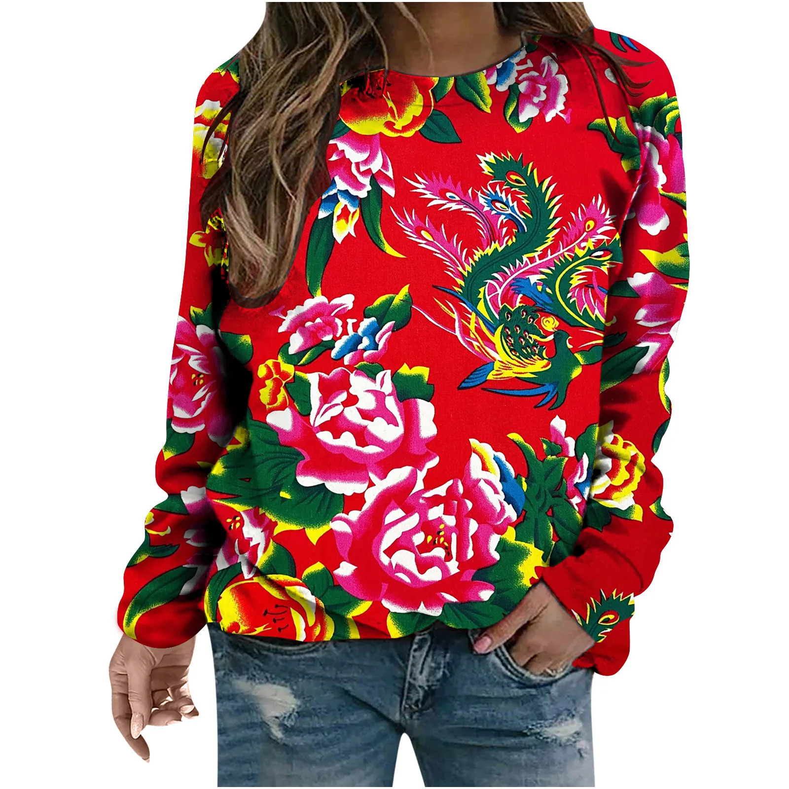 

Women's Long Sleeved Fashionable Floral Digital Printing Round Neck Long Sleeved Sweater Autumn Winter New Large Flower Sweater