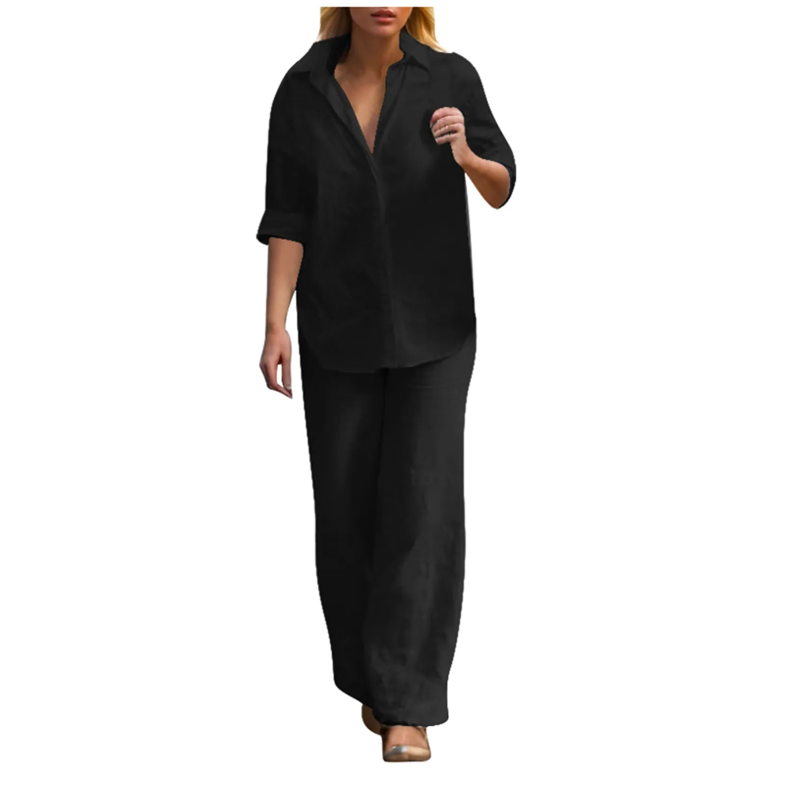 Women Cotton Linen Pants Suit Long Sleeve Shirt Casual Wide-leg Pants Set Outfits Female Casual Elegant Gym 2 Piece Pants Suit