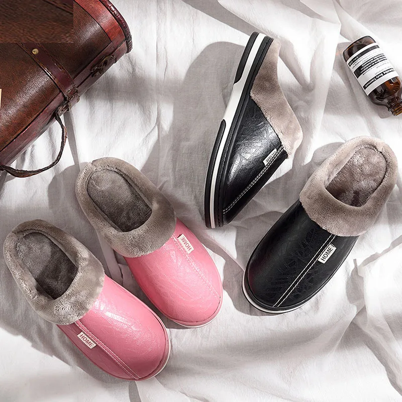 

Men's slippers Home Winter Indoor Warm Shoes Thick Bottom Plush Waterproof Leather House slippers man Cotton shoes 2022 New