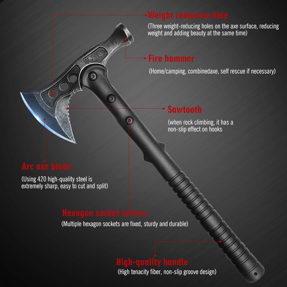 Camping Hatchet Forged Steel Construction Survival Hatchet with Nylon Sheath Anti-Slip & Shock Reduction Grip Tactical Axe 2