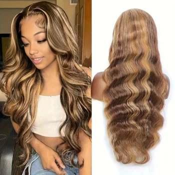 4/27 Colored Body Wave HD Lace Frontal Wigs Human Hair Pre Plucked 250 Density 13X4 Lace Frontal Wig for Women(34 Inch) 1