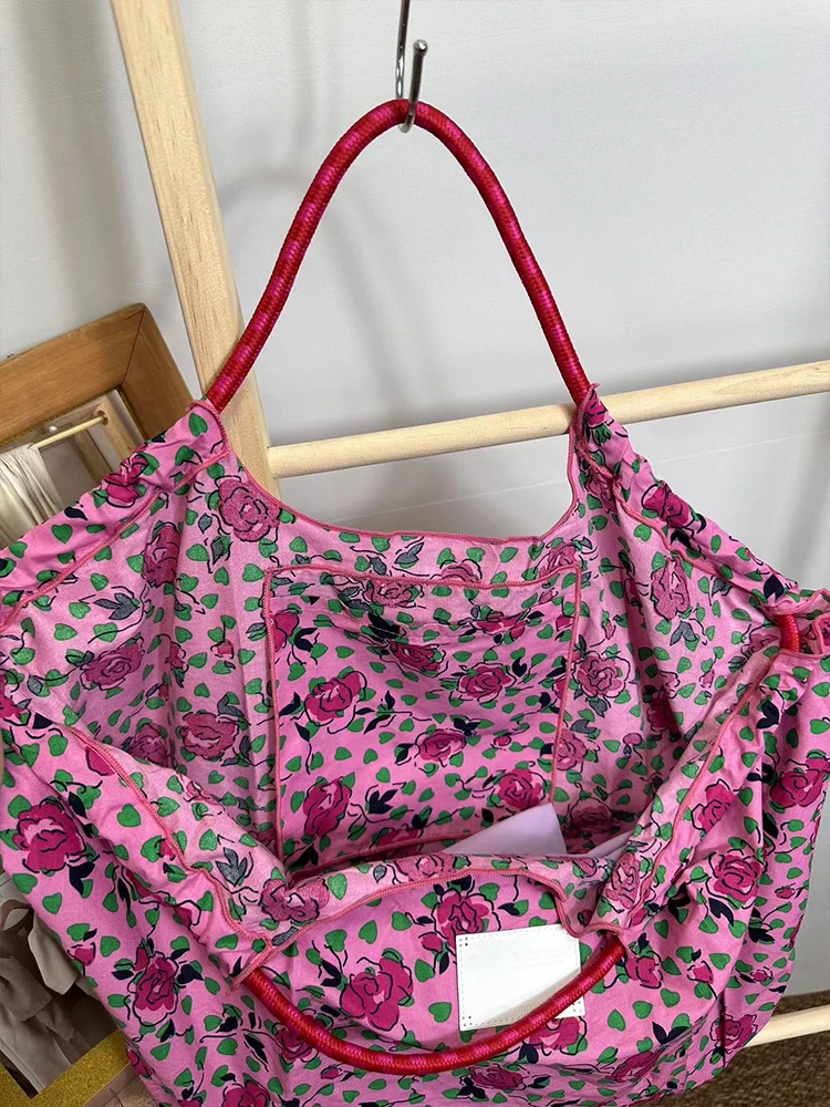 Japanese Rose Flower Shopping Bag Large Capacity Canvas Shoulder Bag Women's Eco-Friendly Foldable Tote