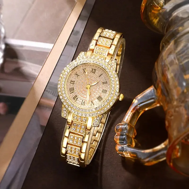 Luxury fashion alloy full diamond Roman quartz watch with double row diamond bracelet gift set 6