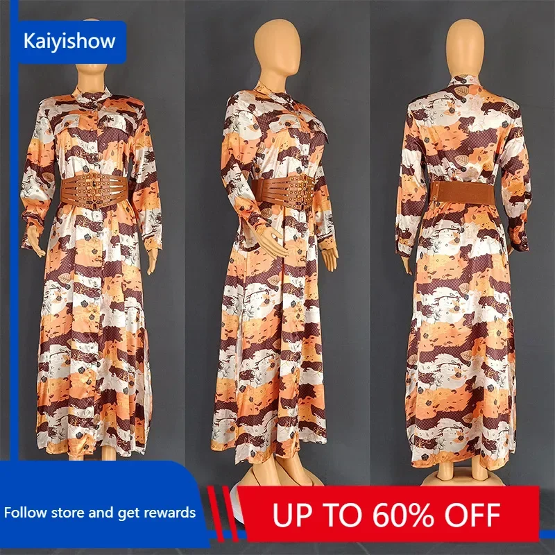

Long Printed Shirt Dress for Women Button Up Long Sleeve Single Breasted Wide Belt A Line Satin Dress Elegant Casual Fall New