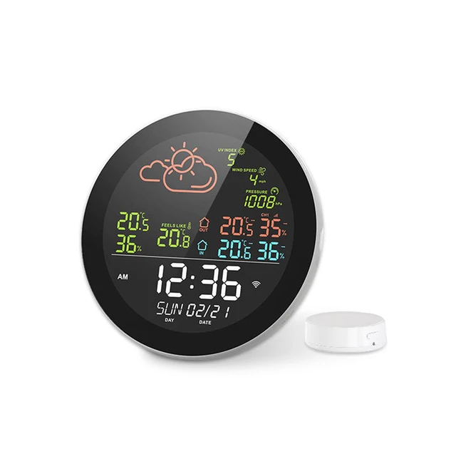 Amdohai tuya wifi Station météo intelligente avec horloge compteur de  température et d'humidité intérieure et extérieure multifonctionnel grand  écran couleur horloge météo Temp. et jauge d'humidité 