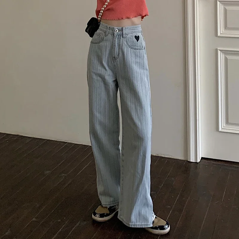 2021 New Vertical Striped Jeans Y2k Retro Loose Wild Wide-leg Jeans Fashion Spring Women Street Love Print Side Split Trousers women fashion stretch denim pencil pants 2021 new blue contrast color high waist jeans street trendy ripped trousers pop