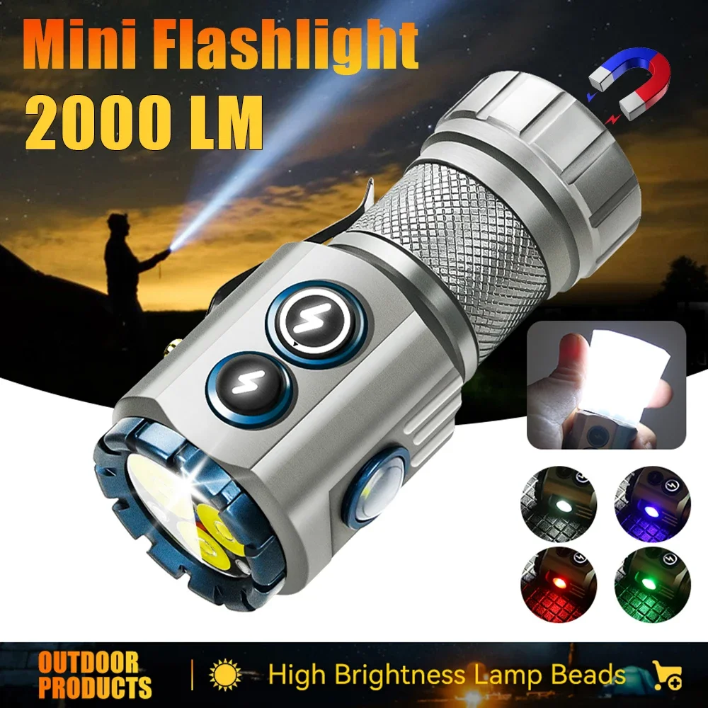DC10 Mini torcia a LED, a batteria, multifunzione, con clip e base magnetica, 5 modalità di illuminazione ruotabili di 180°, IPX4, impermeabile, LED