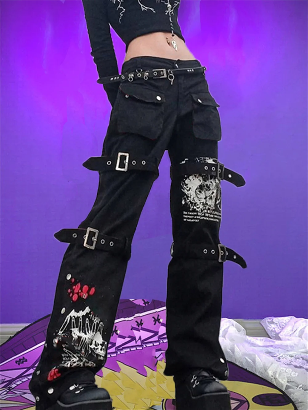 16 Jeans Emo Dark Cyber Y2k Pants Cargo Jeans Gothic Punk Rivets Black  Women hot pants @ Best Price Online