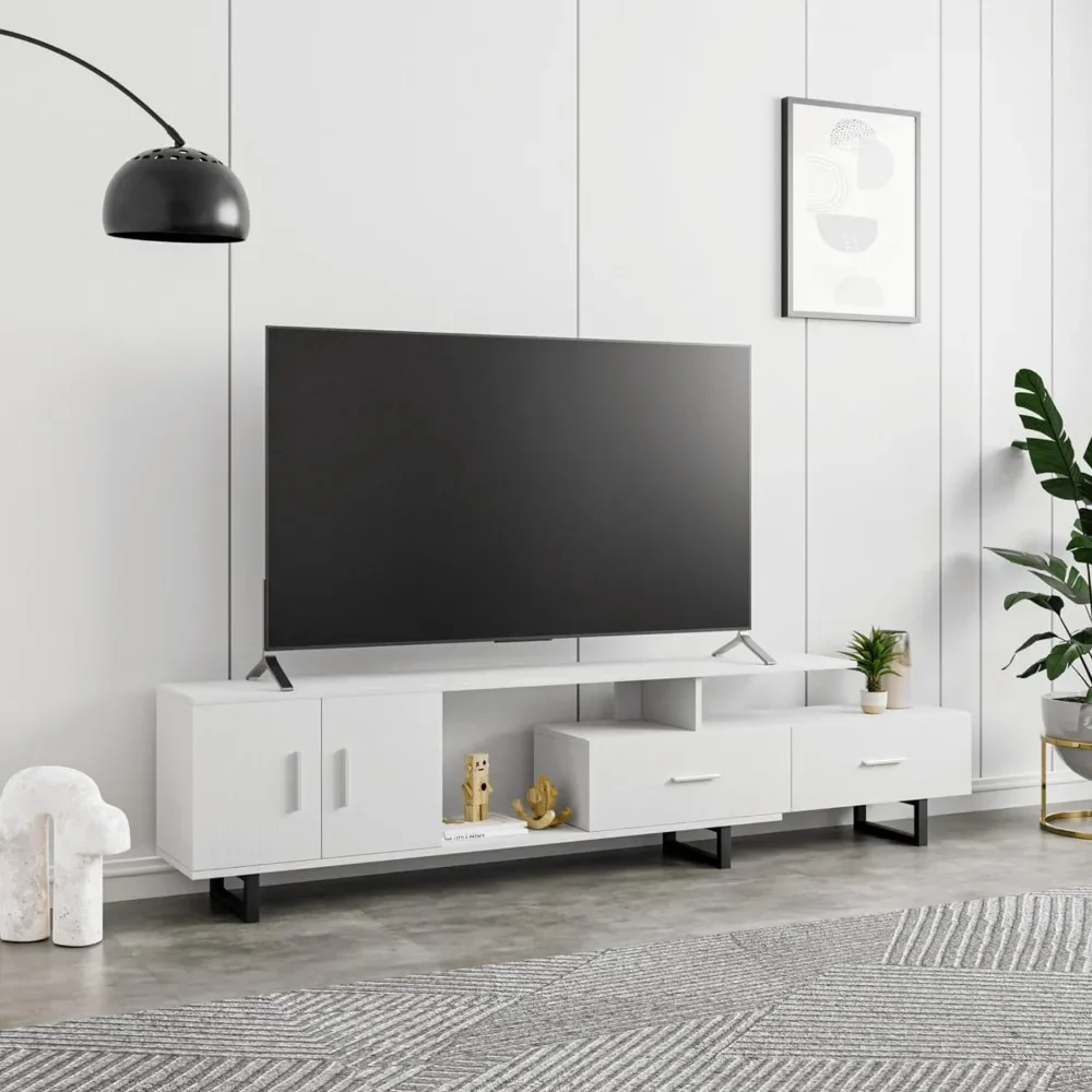Modern 69" TV Stand with MDF Cabinet and Powder Coated Steel Legs for Living Room and Bedroom, White 2