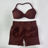 Ensemble de yoga sans couture froncé pour femme, 2 pièces : soutien-gorge de sport à bretelles et short de gym, tenue de fitness halter pour l'entraînement, vêtements de sport 5
