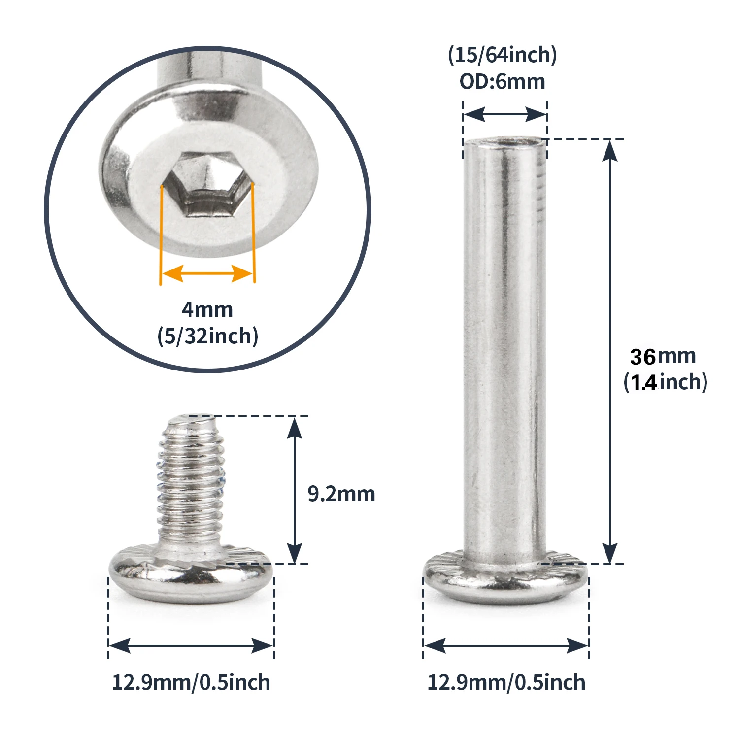 SAUYRASY Inline Skate Replacement Screws, Shaft OD 6mm Skating Wheel Axle Replacement Bolt Fittings Bearings For Inline Skate Wheels,Pack Of 10
